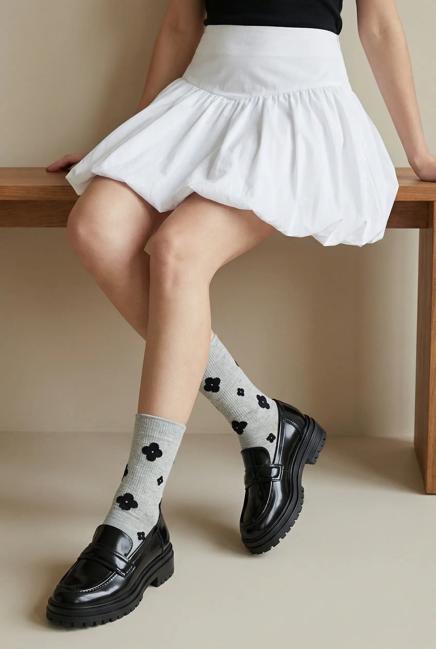 Retro bloom crew sock with white bubble hem skirt and black Mary Janes.