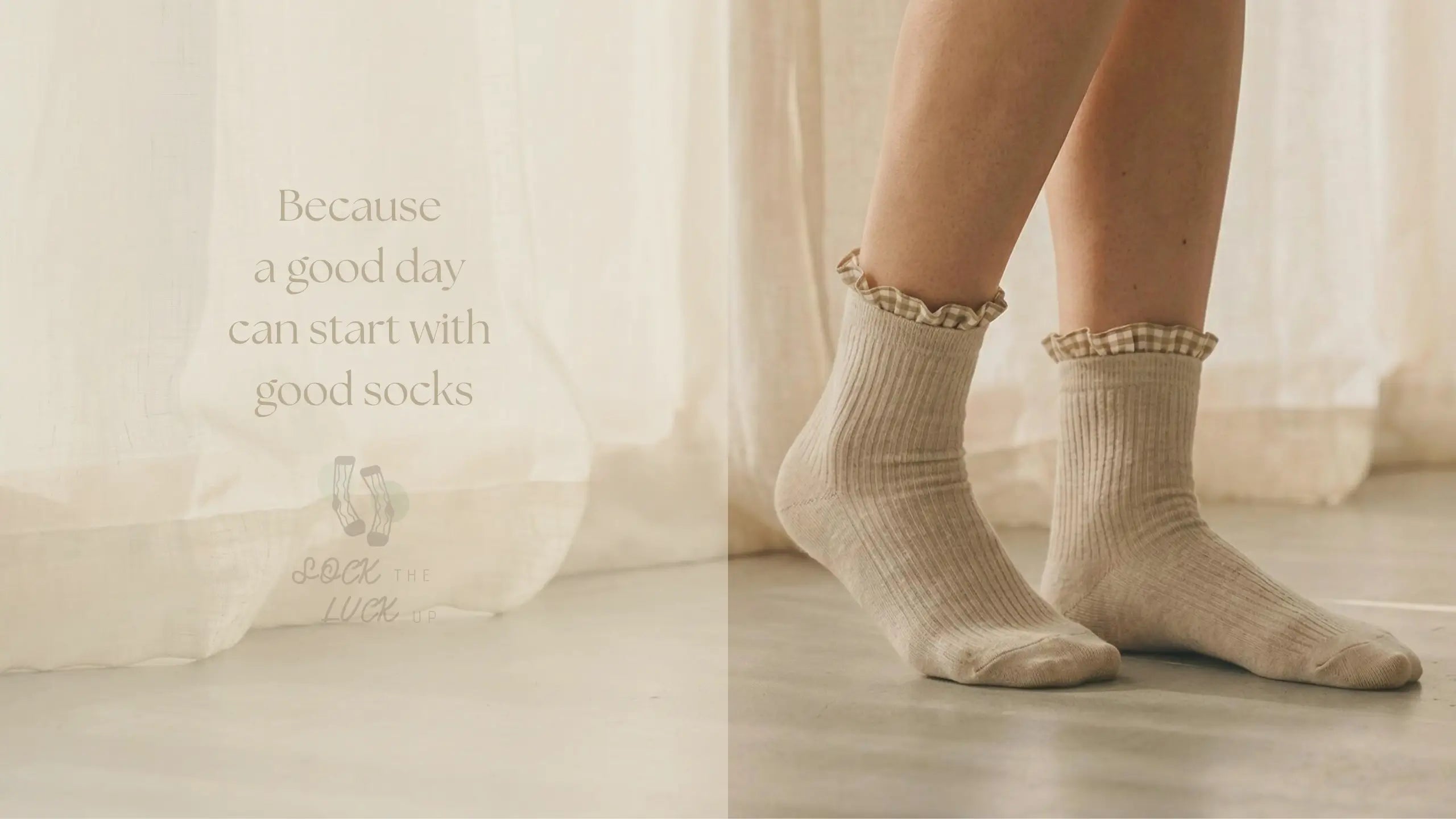 Illustration of the Sock the Luck Up brand story: "Because a good day can start with good socks." Text overlaid on an inviting scene of morning light and comfortable socks