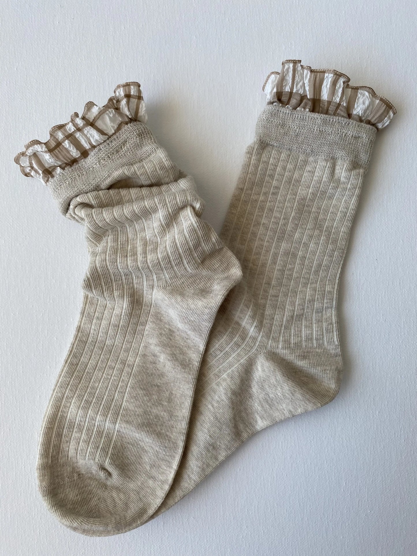 Product image of checked ruffle cuff crew sock in oat colour by Sock the Luck up AU