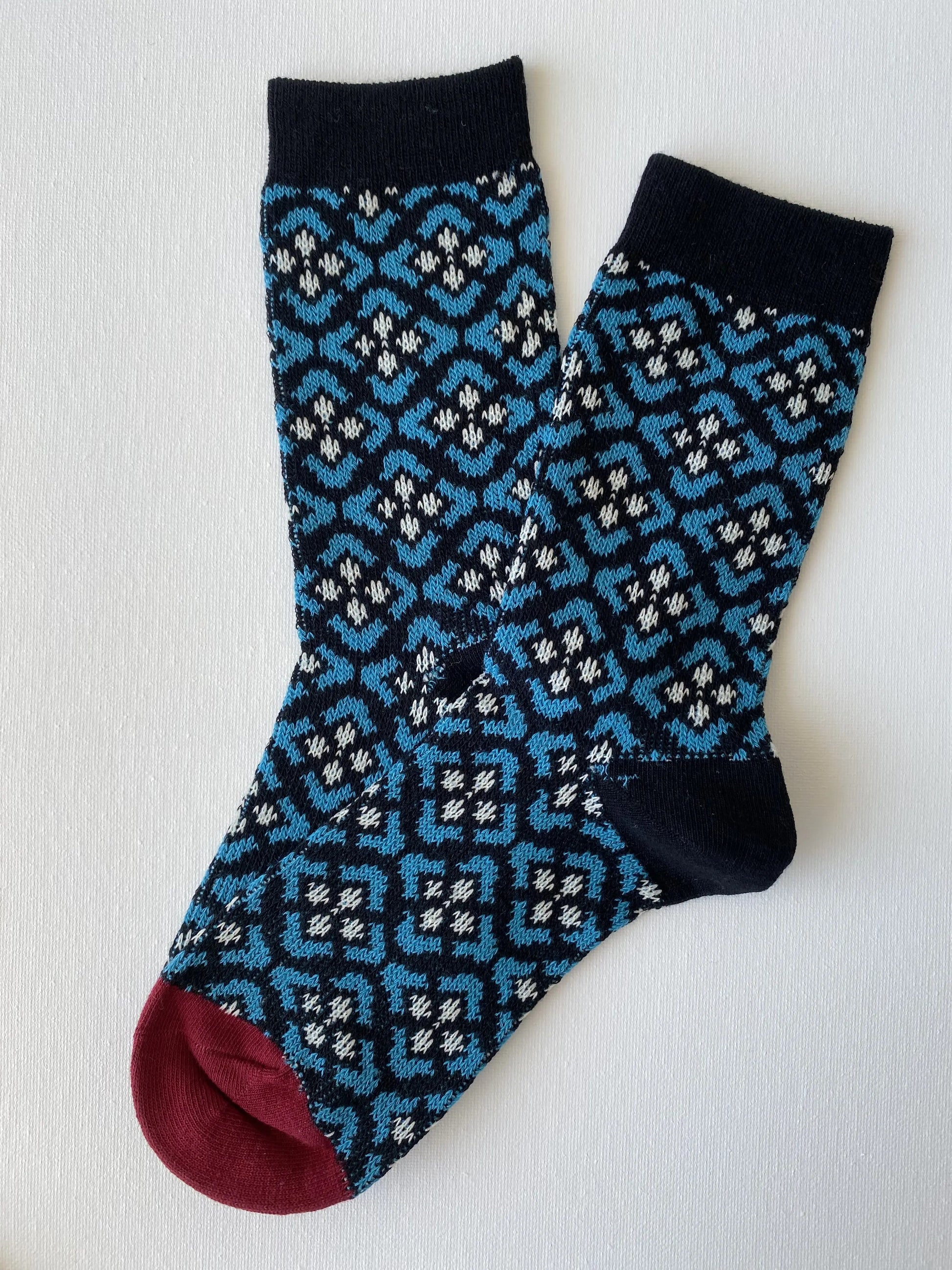 Product image of heritage diamond crew sock in black and blue colours by Sock the Luck up AU