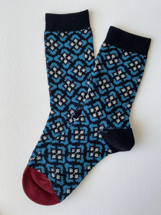 Product image of heritage diamond crew sock in black and blue colours by Sock the Luck up AU