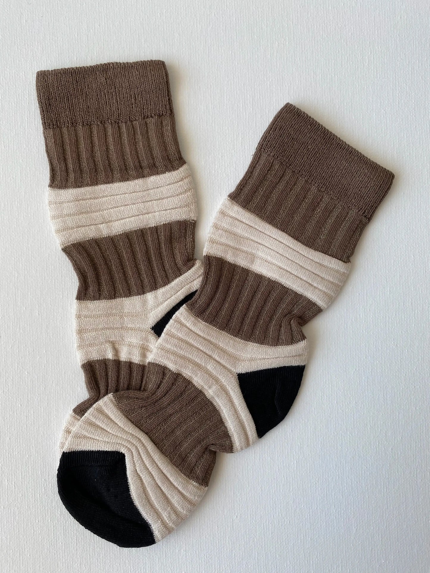 Product image of high contrast pleated crew sock in oat and coffee colours by Sock the Luck up AU