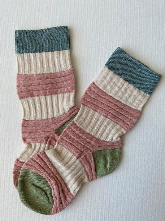 Product image of high contrast pleated crew sock in pink and cream colours by Sock the Luck up AU