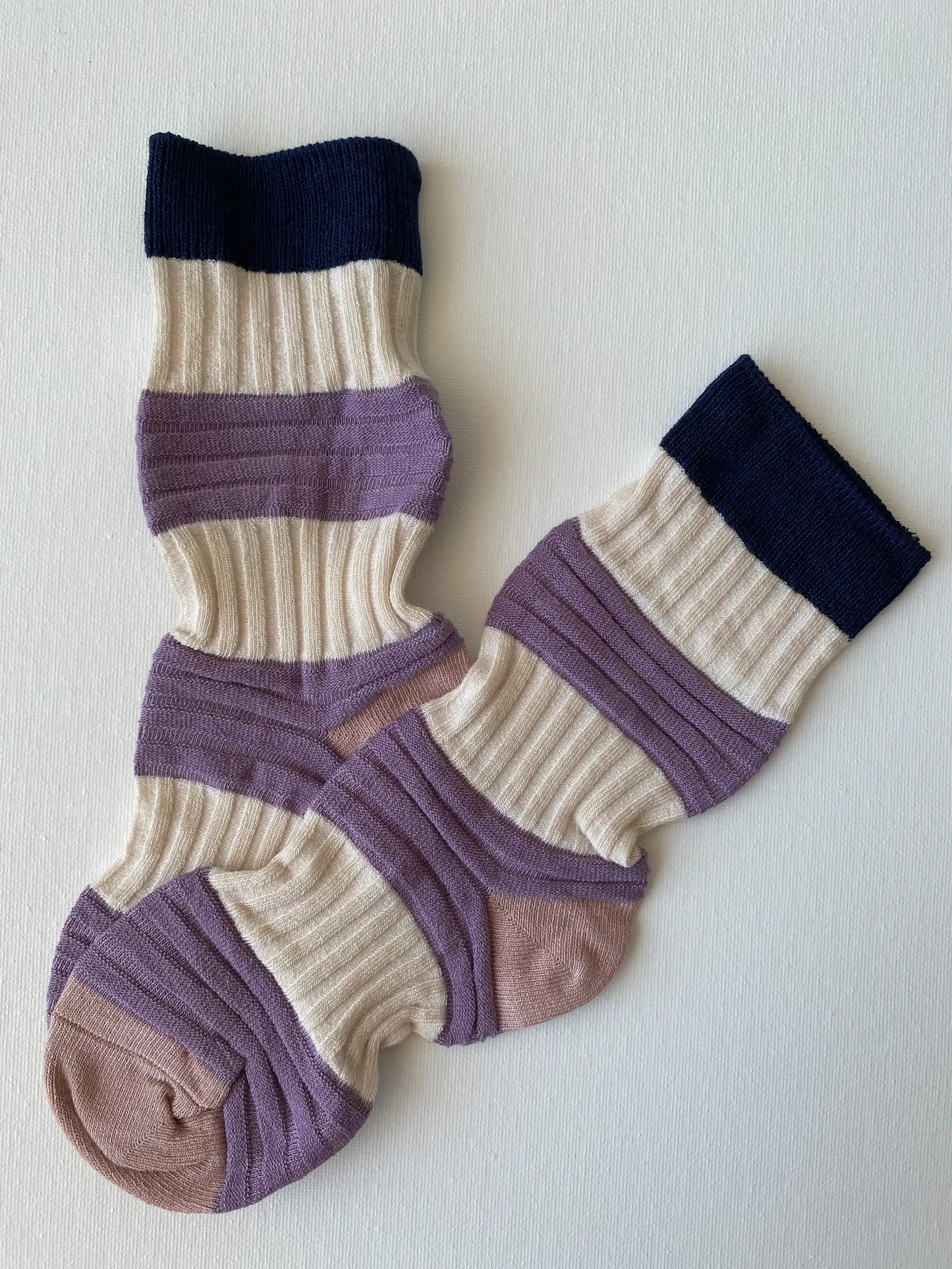 Product image of high contrast pleated crew sock in purple and cream colours by Sock the Luck up AU
