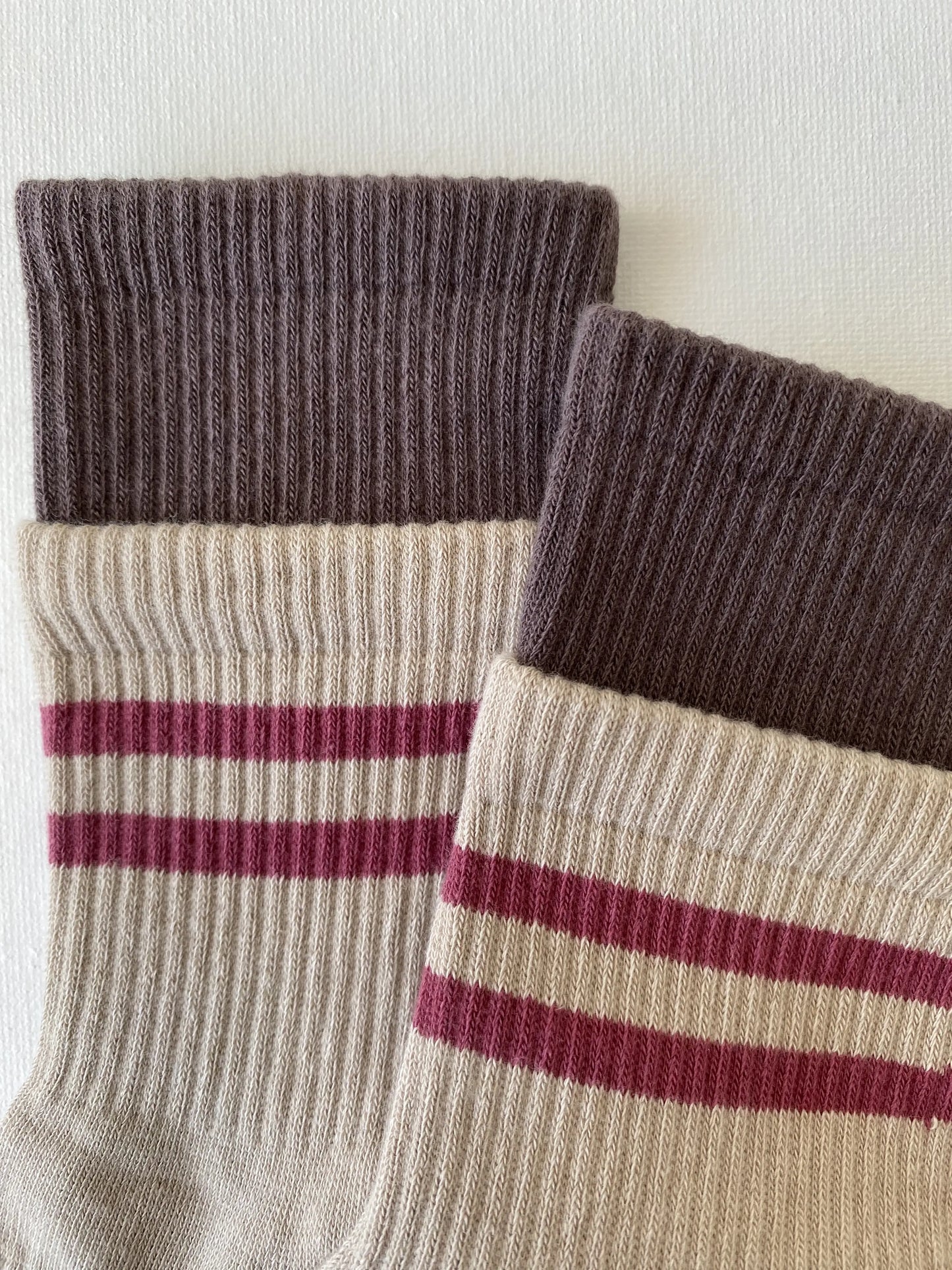 Closeup of layered cuff striped retro grip sock in oat colour with pink stripe leg and cuff details 