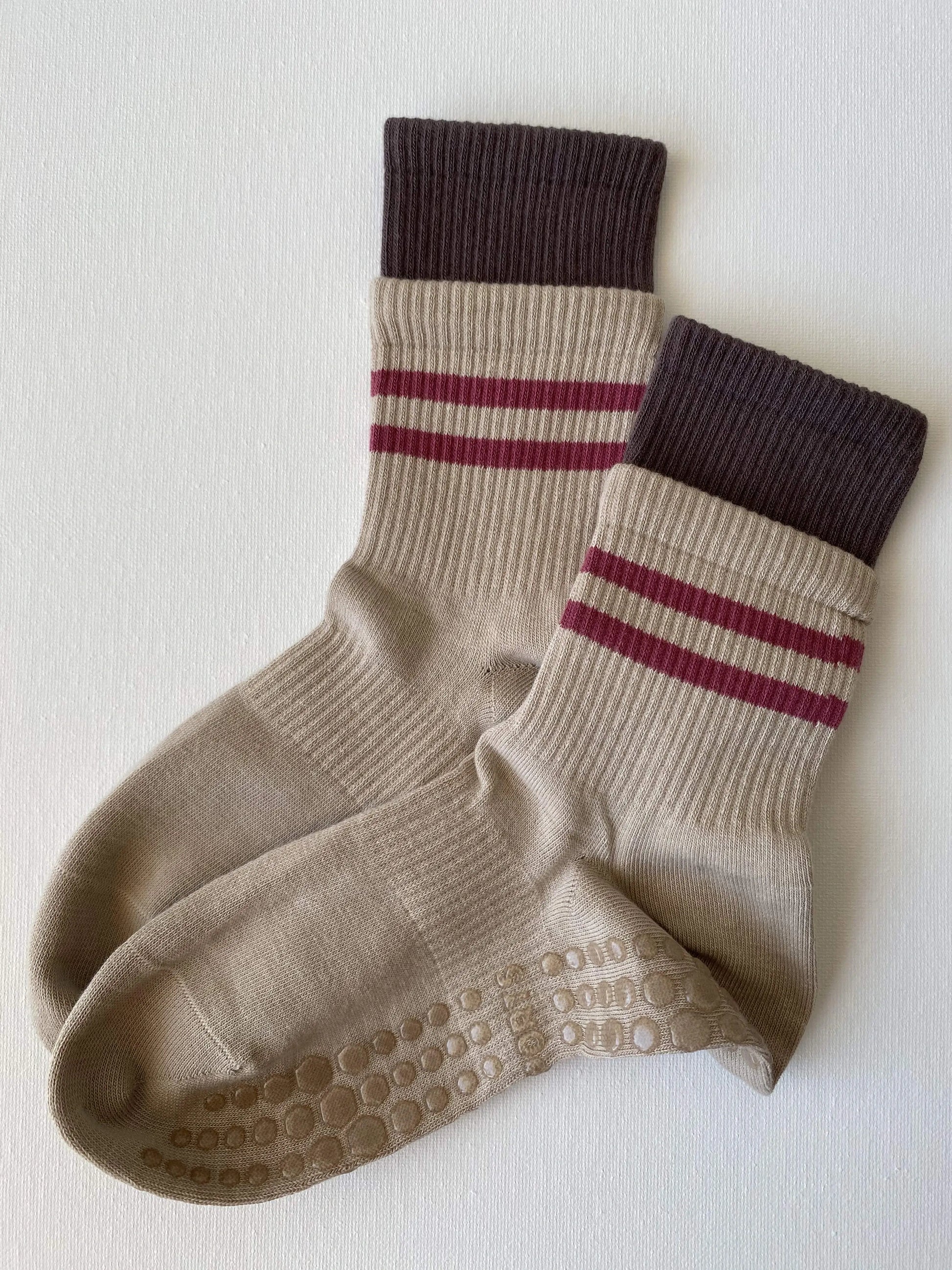 Product image of layered cuff striped retro grip sock in oat colour with pink stripe by Sock the Luck up AU