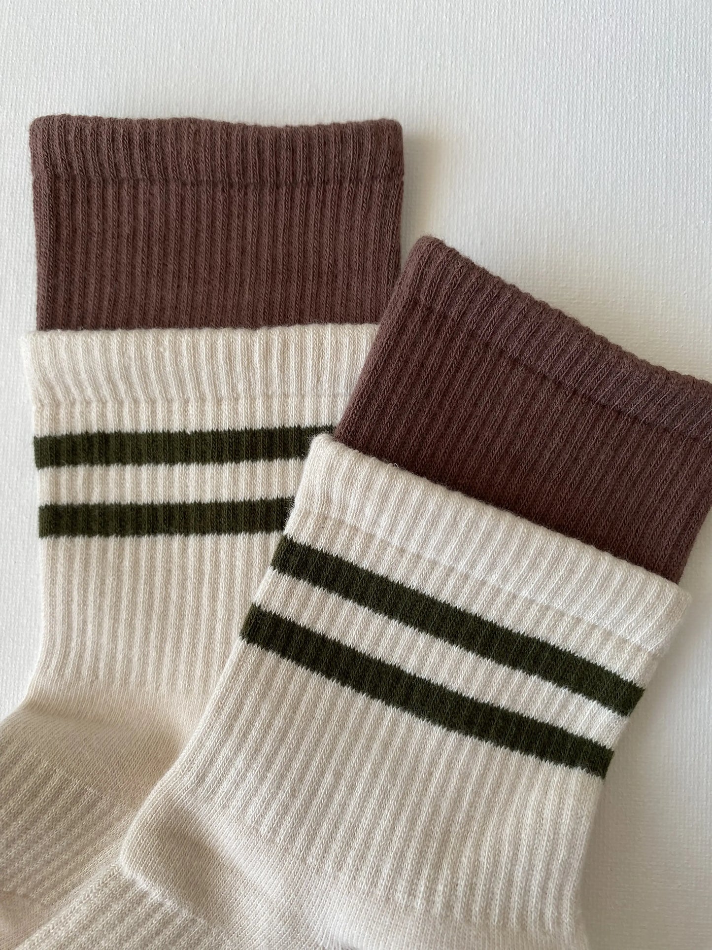 Closeup of layered cuff striped retro grip sock in white colour with green stripe leg and cuff details 