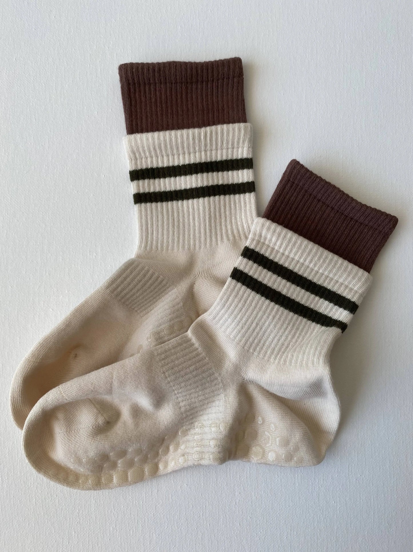 Product image of layered cuff striped retro grip sock in white colour with green stripe by Sock the Luck up AU