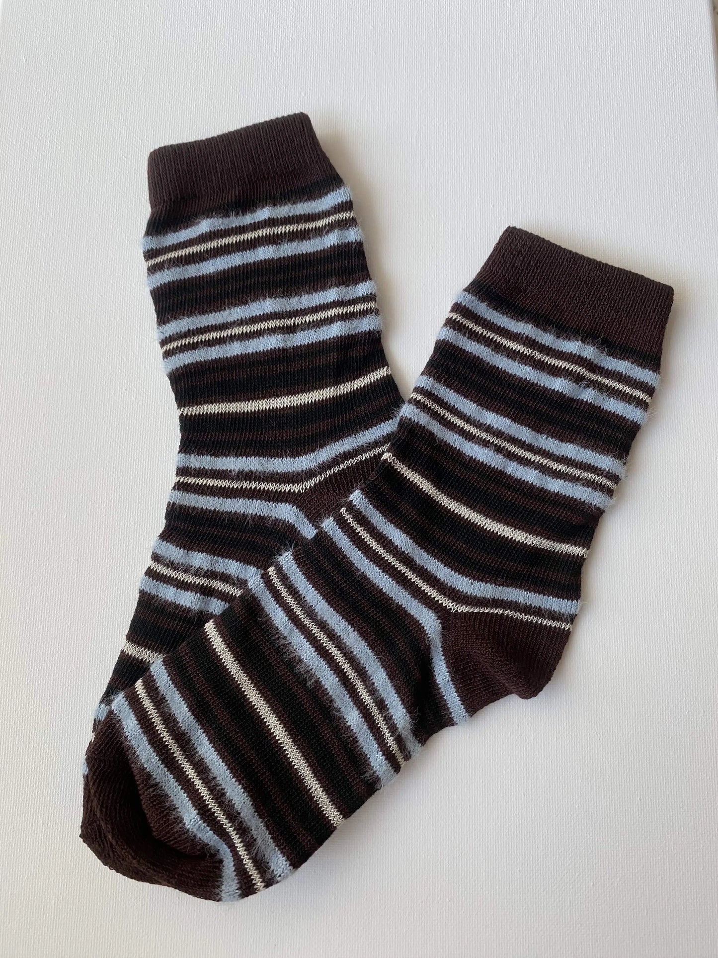 Coffee Blue Maillard Knit Striped Crew Sock by Sock the Luck Up. Resilient technical blend socks