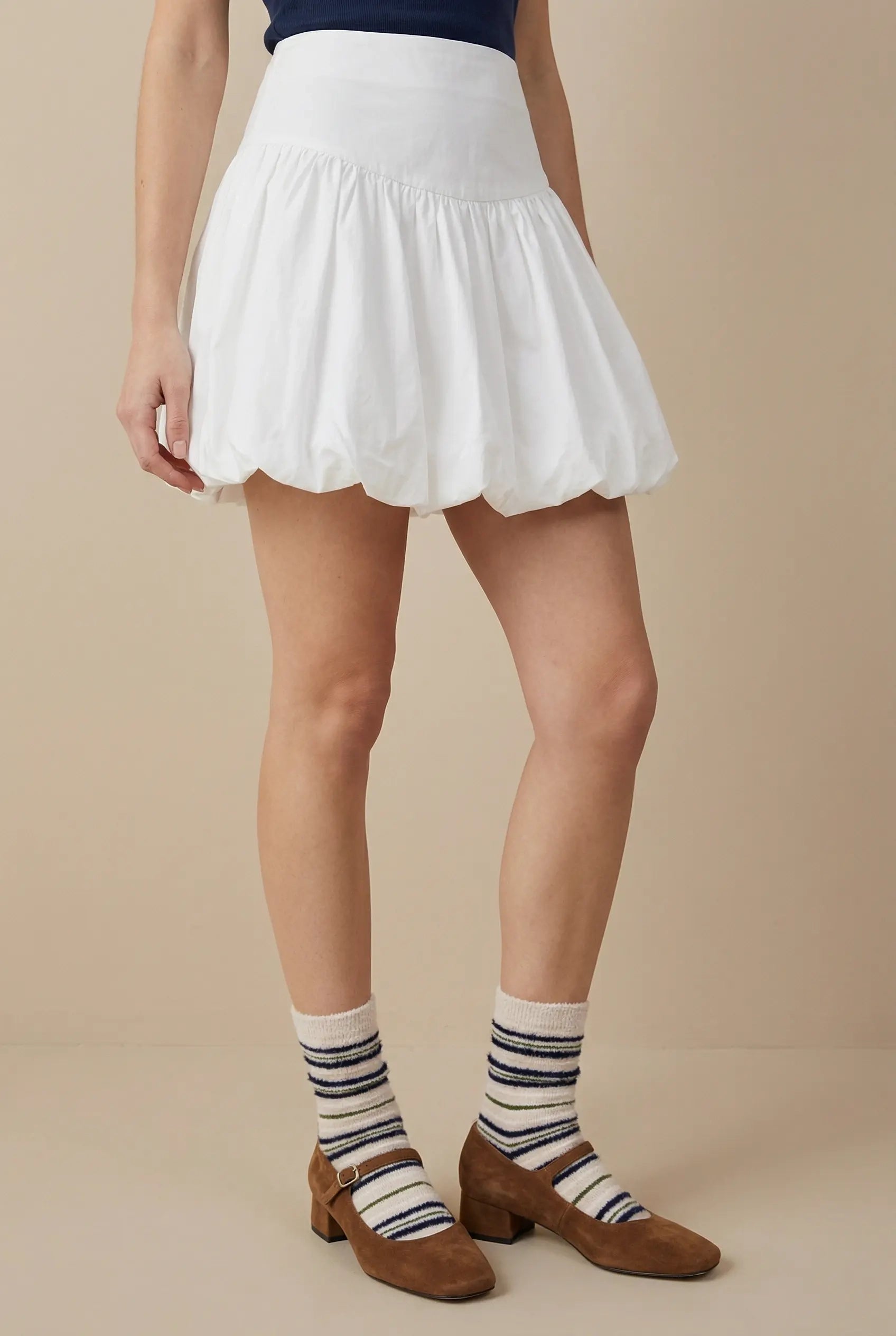 Try-on of Khaki Navy Maillard Knit Striped Crew Sock with brown Mary Janes heels 