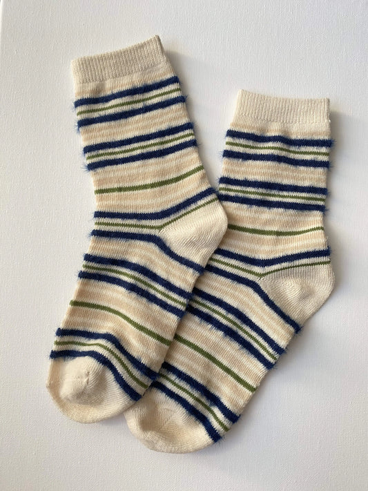 Khaki Navy Maillard Knit Striped Crew Sock by Sock the Luck Up. Resilient technical blend socks