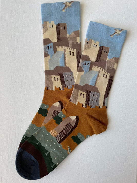 Product image of painted lost city unisex crew sock left side by Sock the Luck up AU