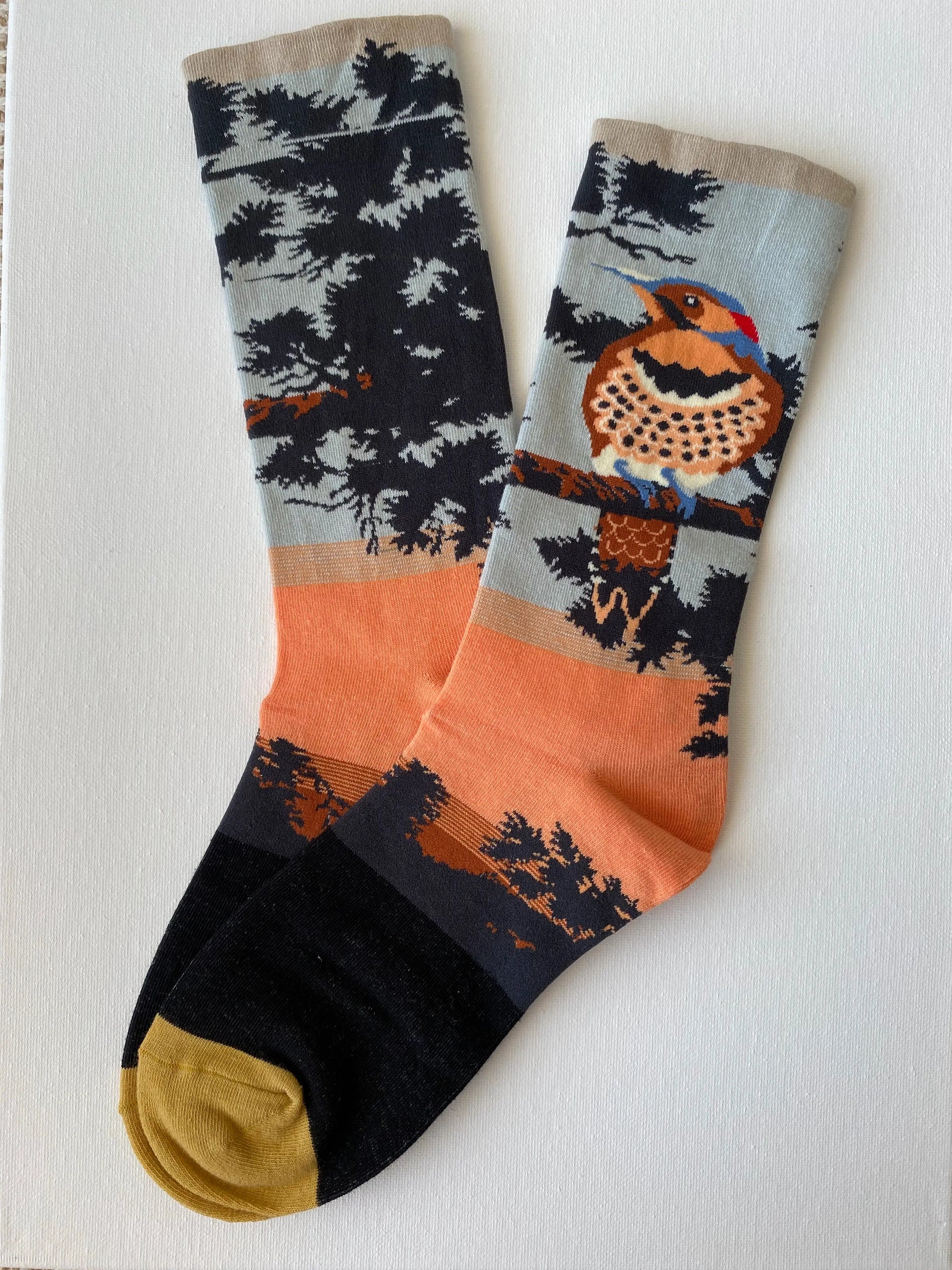 Product image of painted songbird unisex crew sock left side by Sock the Luck up AU