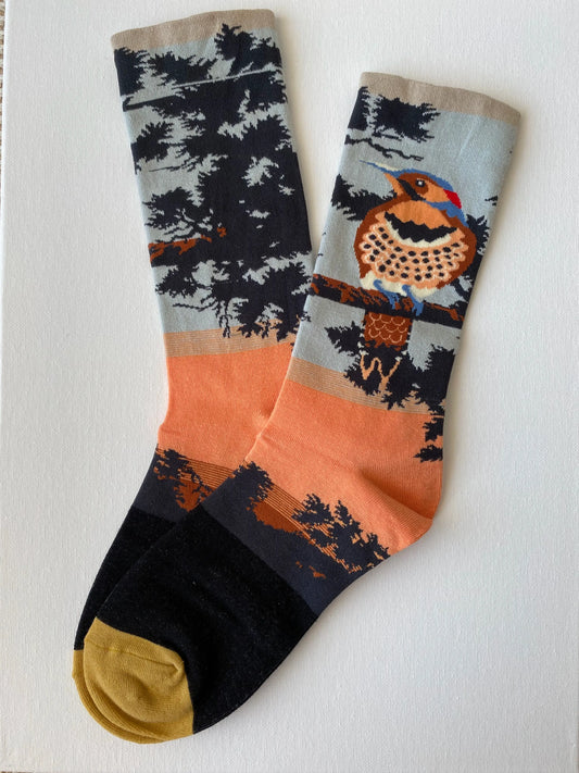 Product image of painted songbird unisex crew sock left side by Sock the Luck up AU