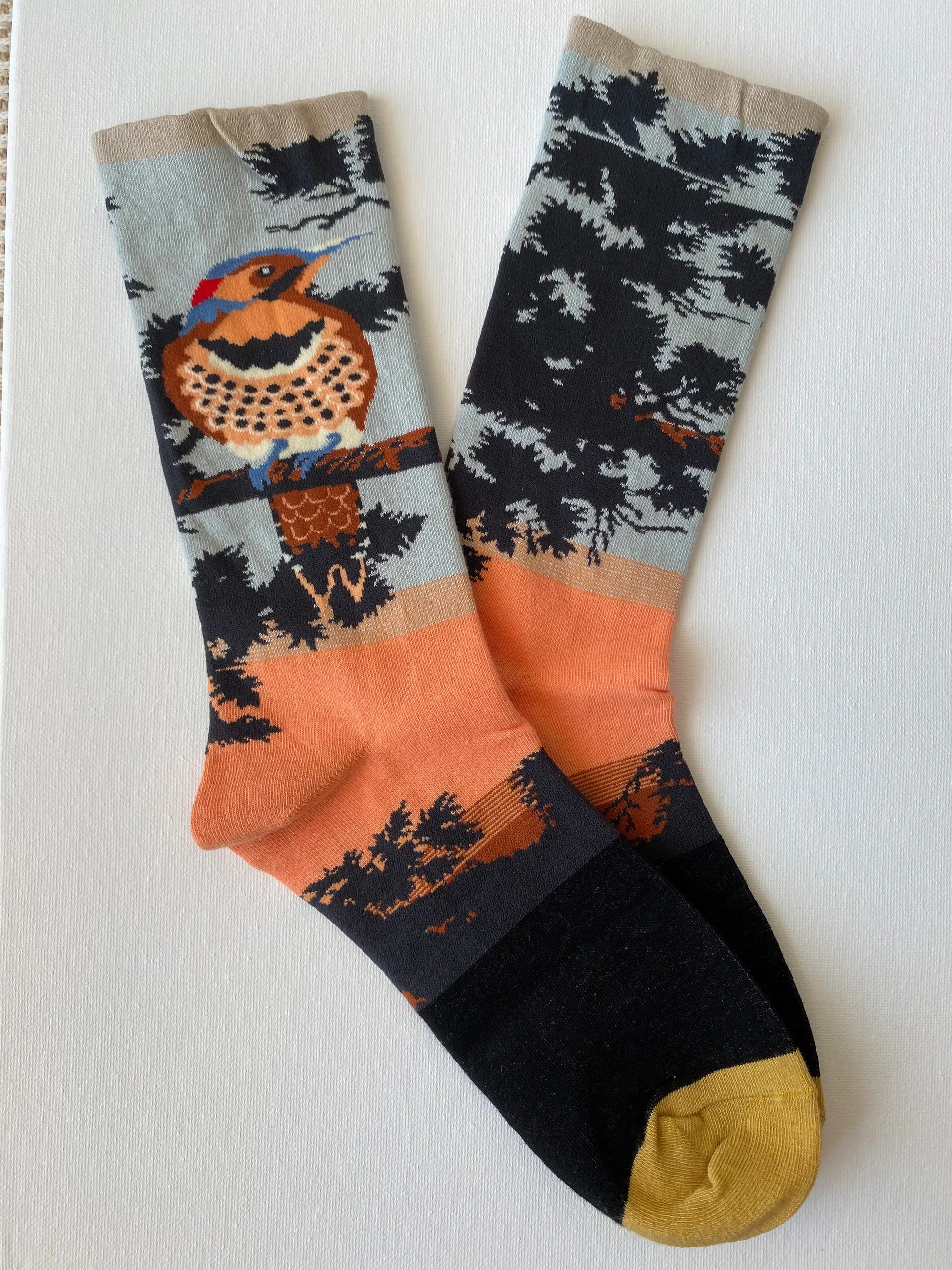 Product image of painted songbird unisex crew sock right side by Sock the Luck up AU