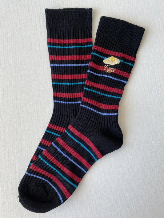Product image of snack break striped crew sock in black colour with an egg motif by Sock the Luck up AU