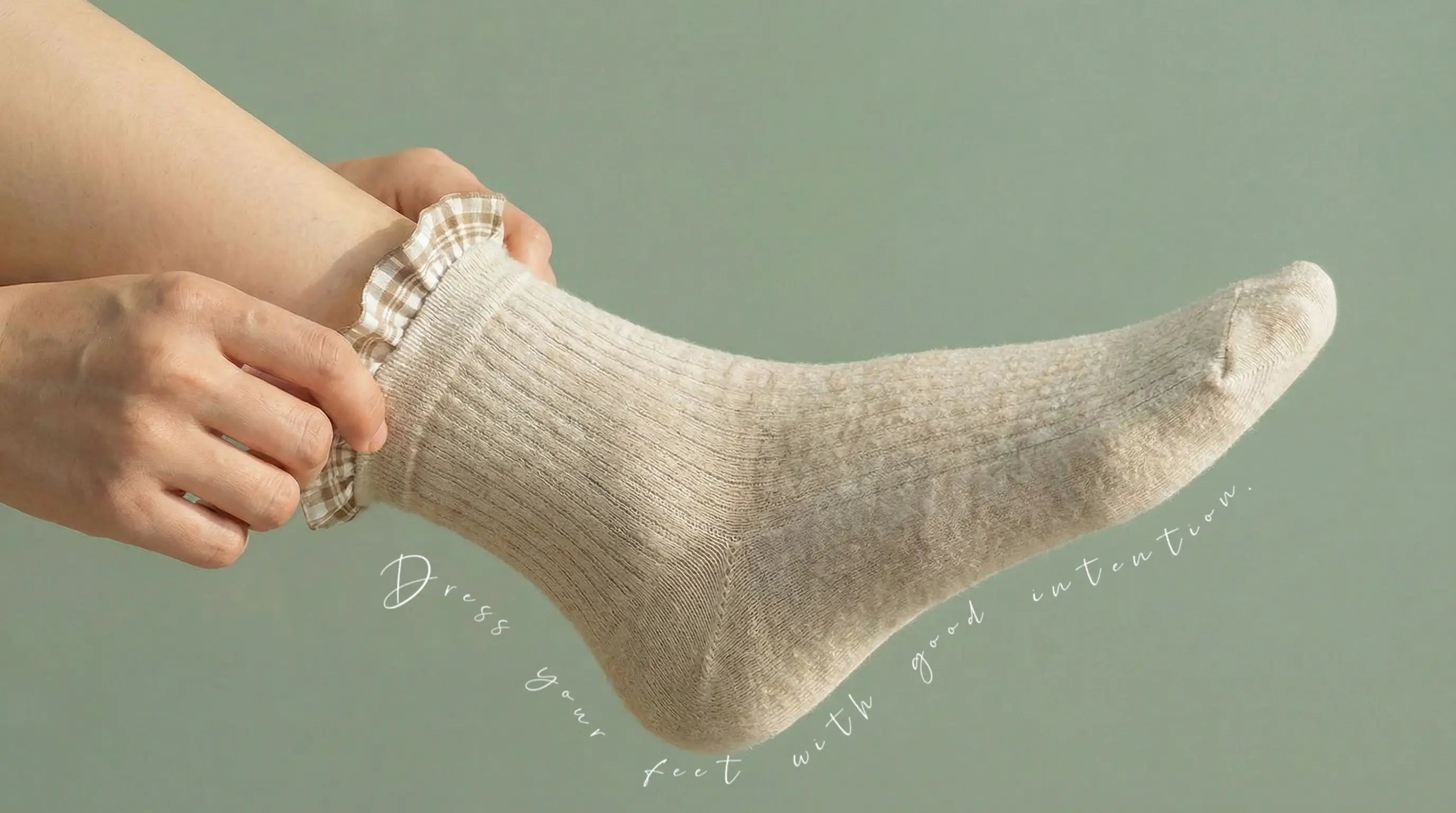 Sock the Luck Up hero banner featuring the brand motto "Dress your feet with good intention" alongside curated lifestyle imagery of comfortable, intentional socks.