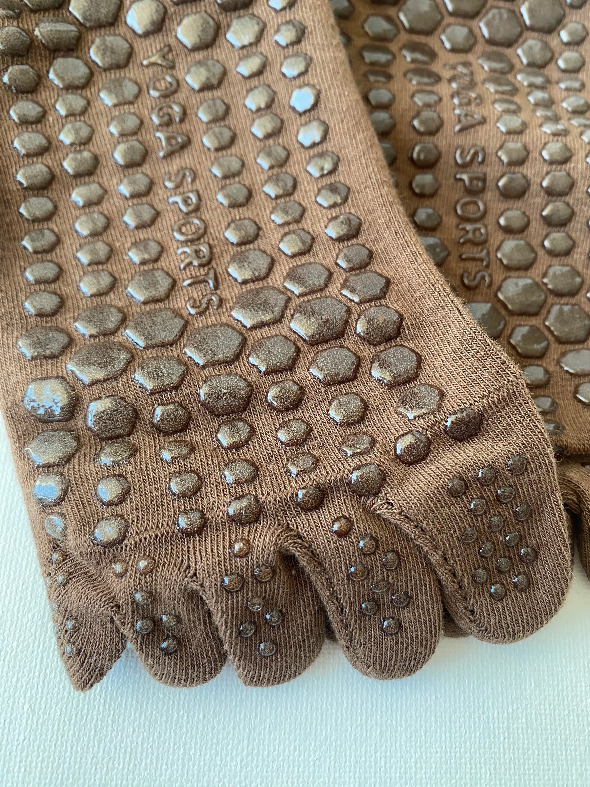 Tiptoe animal grip toe sock brown bunny macro detail of silicone dot pattern on sole