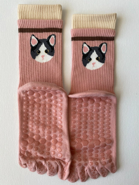 Product image of tiptoe animal grip toe sock in pink colour with a cat motif by Sock the Luck up AU